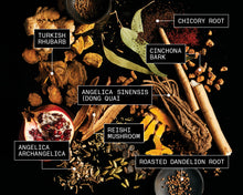 Black Ginger bitter flavors Chicory root, Cinchona bark, angelica sinensis, reishi mushroom, turkish rhubarb, roasted dandelion root, angelica archangelica