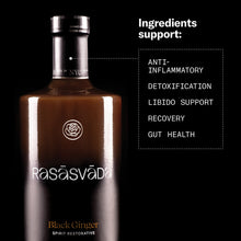 Bottle of Rasasvada Black Ginger with listed ingredient benefits on a black background