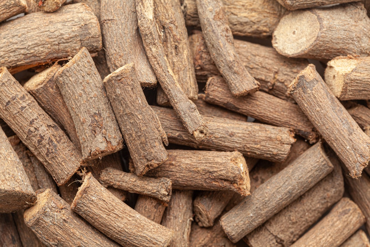 Close-up of dried brown root pieces