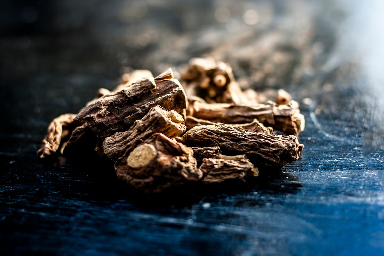 Dried roots on a dark surface